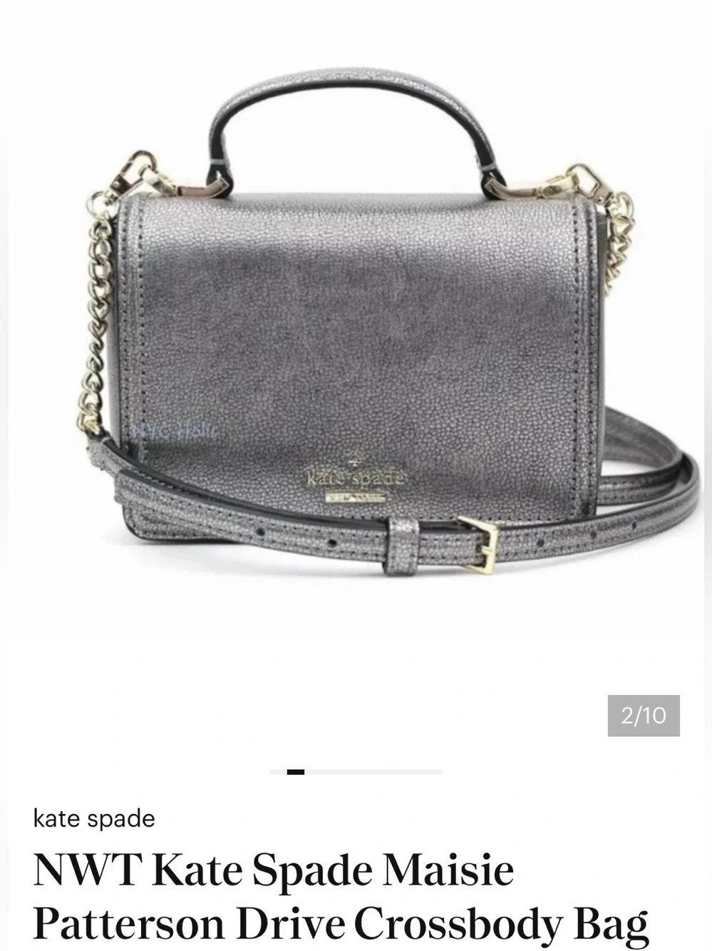 Kate Spade Maisie Metallic Pewter Pebbled Leather Crossbody with Top Handle